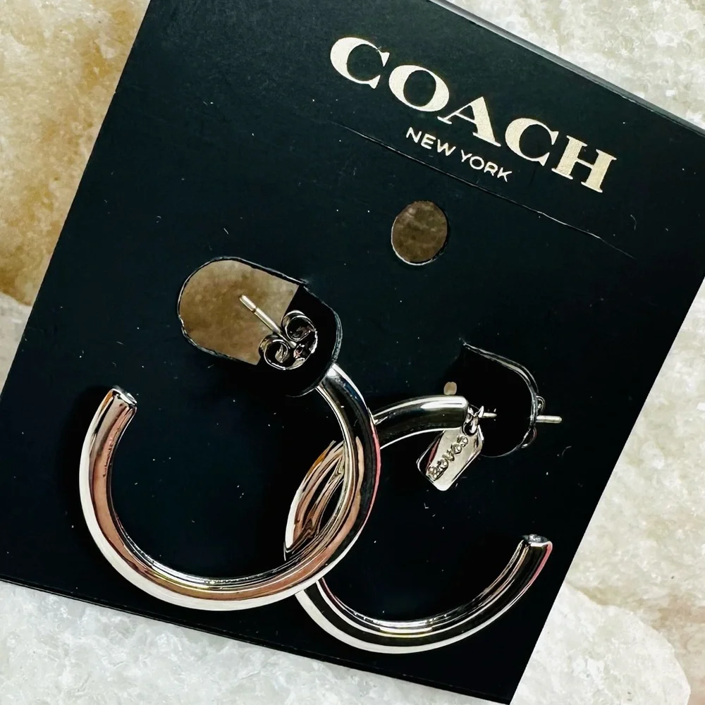 NEW! Coach Silver Colored Medium Signature Hoop Earrings - Picture 3 of 15